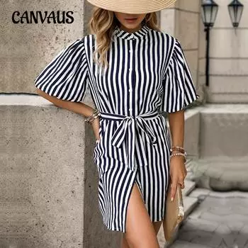 Летнее платье Женская мода Женская полосатая рубашка с коротким рукавом Платья S