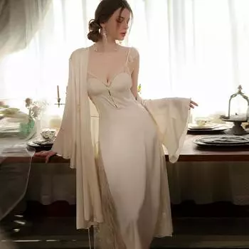 Летнее платье, женская пижама, глубокий V-образный вырез, пижама с мягкими атласными заплатками, кружевной халат, платье, комплект пижамы M