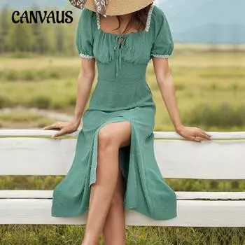 Летнее платье, женские кружевные лоскутные платья, платья трапециевидной формы с квадратным вырезом и разрезом S зелёный