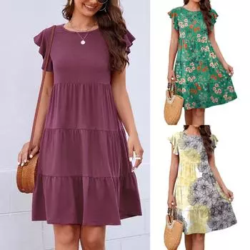 Летнее платье Женские платья Вечернее платье с круглым вырезом и коротким рукавом Сплошной цветной принт Сращивание женщин с круглым вырезом Красные повседневные женские платья XXL