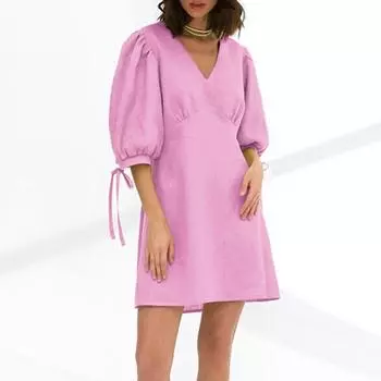 Летнее платье женское элегантное с V-образным вырезом и рукавами-фонариками на шнуровке А-силуэта платья отпуск зеленый свободный мини-халат S чёрный