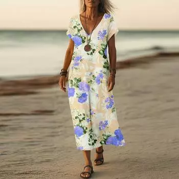 Летнее платье Женское длинное платье бохо для пляжа Элегантное платье макси V-образный вырез Короткий рукав Летнее платье-туника Легкое воздушное L бежевый