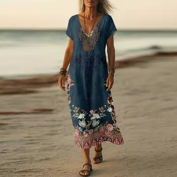 Летнее платье Женское длинное платье бохо для пляжа Элегантное платье макси V-образный вырез Короткий рукав Летнее платье-туника Легкое воздушное L темно-синий
