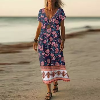 Летнее платье Женское длинное платье бохо для пляжа Элегантное платье макси V-образный вырез Короткий рукав Летнее платье-туника Легкое воздушное XXL красный