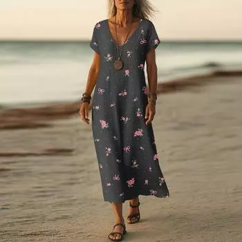 Летнее платье Женское длинное платье бохо для пляжа Элегантное платье макси V-образный вырез Короткий рукав Летнее платье-туника Легкое воздушное XL чёрный