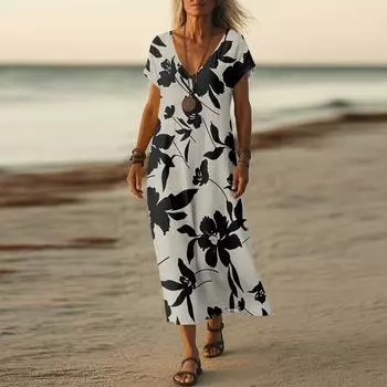 Летнее платье Женское длинное платье бохо для пляжа Элегантное платье макси V-образный вырез Короткий рукав Летнее платье-туника Легкое воздушное L бежевый