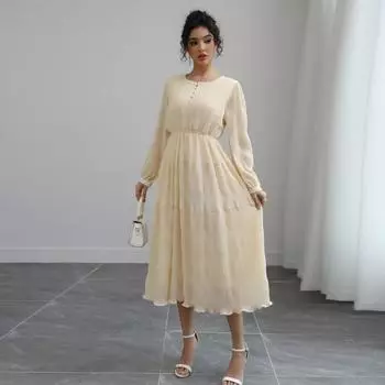 Летнее платье Женское длинное платье бохо для пляжа Элегантное платье макси V-образный вырез Короткий рукав Летнее платье-туника Легкое воздушное S бежевый
