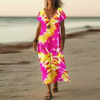 Летнее платье Женское длинное платье бохо для пляжа Элегантное платье макси V-образный вырез Короткий рукав Летнее платье-туника Легкое воздушное L
