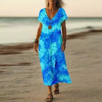 Летнее платье Женское длинное платье бохо для пляжа Элегантное платье макси V-образный вырез Короткий рукав Летнее платье-туника Легкое воздушное XXL синий