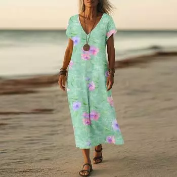 Летнее платье Женское длинное платье бохо для пляжа Элегантное платье макси V-образный вырез Короткий рукав Летнее платье-туника Легкое воздушное XXL