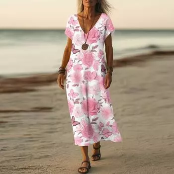 Летнее платье Женское длинное платье бохо для пляжа Элегантное платье макси V-образный вырез Короткий рукав Летнее платье-туника Легкое воздушное L розовый