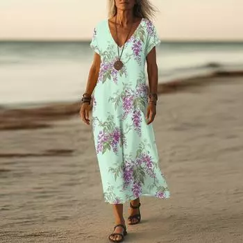 Летнее платье Женское длинное платье бохо для пляжа Элегантное платье макси V-образный вырез Короткий рукав Летнее платье-туника Легкое воздушное XL зелёный