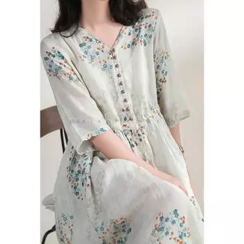 Летнее платье женское длинное с принтом элегантная одежда винтажная эластичная талия корейский пляжный стиль V-образный вырез халат XXL синий