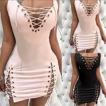 Летнее платье женское модное однотонное сексуальное платье без рукавов с глубоким V-образным вырезом и галстуком платья облегающее платье с высокой талией M розовый