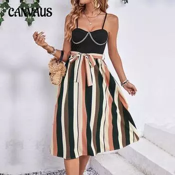 Летнее платье Женское модное платье с цветными блоками Сексуальные платья на бретельках S чёрный