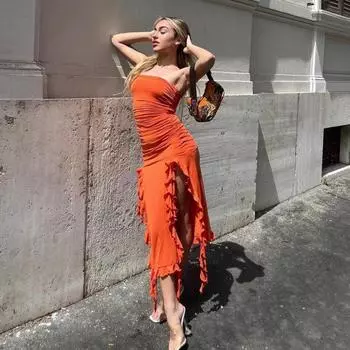 Летнее платье женское модное сексуальное элегантное платье длиной до пола с рюшами и лямкой на шее клубное сексуальное вечернее платье без бретелек женское S чёрный