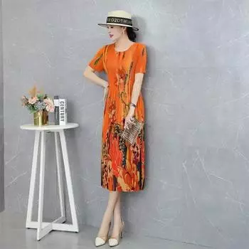 Летнее платье женское, новая мода, плиссированное платье с круглым вырезом и короткими рукавами, эластичная плиссированная юбка, женская юбка One Size зелёный