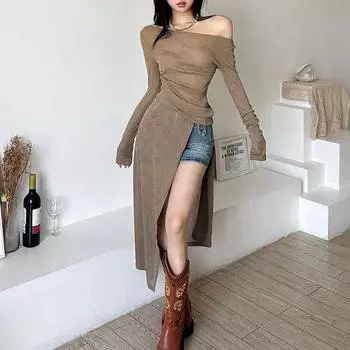 Летнее платье женское облегающее однотонное уличное модное платье с косым вырезом и длинными рукавами S коричневый