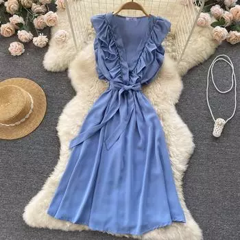 Летнее платье, женское платье с веером темпераментной богини, с глубоким вырезом и v-образным вырезом на талии, тонкая талия, легкое женское платье в зрелом стиле