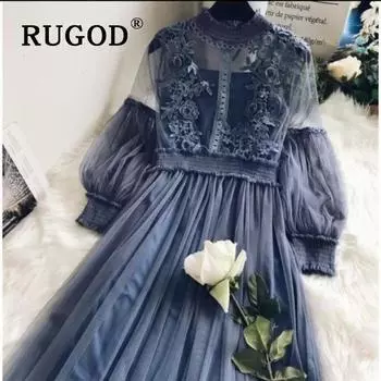 Женское платье в романтическом винтажном стиле с сеточкой и кружевными цветами one size синий