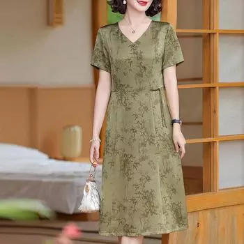Летнее платье женское плюс размер с коротким рукавом винтажное длинное платье повседневная женская одежда среднего возраста XL зелёный