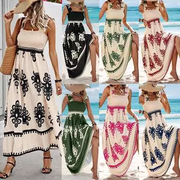 Летнее платье женское повседневное длинное платье трапециевидной формы без рукавов в стиле бохо повседневное платье со спинкой