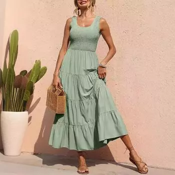Летнее платье женское повседневное складное лоскутное модное платье трапециевидной формы женское элегантное платье без рукавов с квадратным воротником женская одежда 25815 S хаки