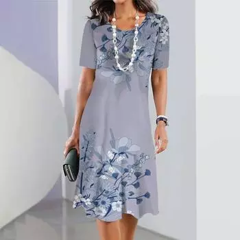 Летнее платье женское ретро круглый вырез короткий рукав юбка трапециевидной формы цветочный принт свободная юбка трапециевидной формы модное вечернее женское платье S