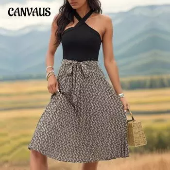 Летнее платье женское с цветными блоками сексуальные платья с бретельками через шею S хаки