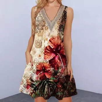 Летнее платье-жилет без рукавов с v-образным вырезом, кружевное шитье, карман, богемный принт, свободный подол, пуловер трапециевидной формы, короткое платье L жёлтый