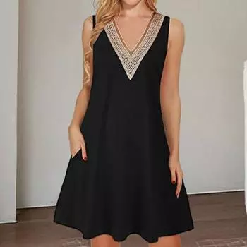 Летнее платье-жилет без рукавов с v-образным вырезом, кружевное шитье, карман, богемный принт, свободный подол, пуловер трапециевидной формы, короткое платье L жёлтый