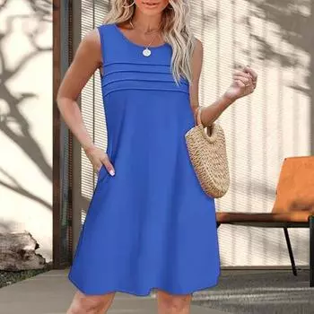 Летнее платье-жилет с боковыми карманами, без рукавов, с круглым вырезом, А-силуэта, однотонное, свободное мини-платье, плиссированное, короткое платье для путешествий, свиданий, работы S армия зеленый