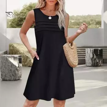 Летнее платье-жилет с боковыми карманами, без рукавов, с круглым вырезом, А-силуэта, однотонное, свободное мини-платье, плиссированное, короткое платье для путешествий, свиданий, работы S розы красного