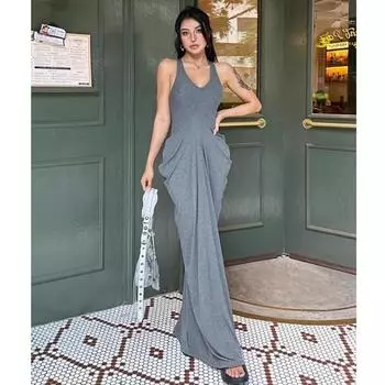 Летнее плиссированное длинное платье без рукавов для женщин, новое модное повседневное облегающее вечернее платье-сарафан для женщин, однотонное элегантное однотонное платье макси 2806 S чёрный