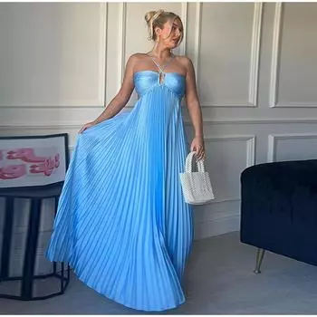 Летнее плиссированное длинное платье с бретелью через шею для женщин, без рукавов, синие пляжные платья для отдыха, женское 2025 модное женское платье А-силуэта S синий