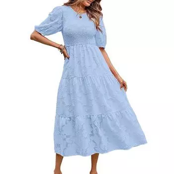 Летнее плиссированное платье-фонарик с коротким рукавом, белое, повседневное, однотонное, с круглым вырезом, шифоновое, элегантное, жаккардовое, полое, женское, офисное платье 26176 S тёмно-синий