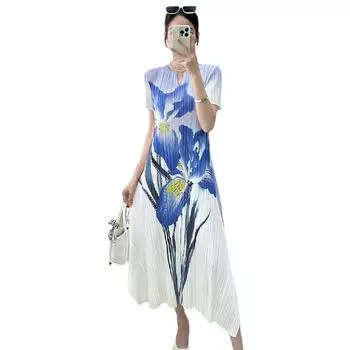 Летнее плиссированное женское платье с новым принтом с короткими рукавами для элитной моды, элегантности, моды и темперамента.. Длинная юбка M синий