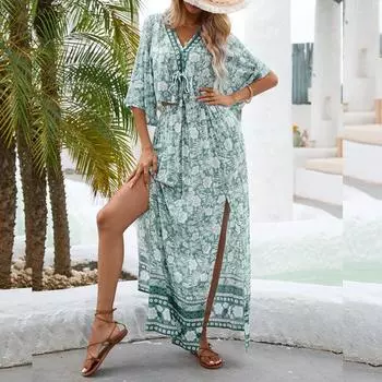 Летнее пляжное богемное платье, женское элегантное сексуальное платье из двух предметов с v-образным вырезом, повседневное длинное платье с цветочным принтом и разрезом, халат Femme 25390 S орион