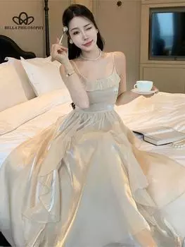 Летнее пляжное длинное платье с открытой спиной в корейском стиле, женская одежда, модное платье-комбинация без рукавов на бретельках, элегантные вечерние платья S бежевый