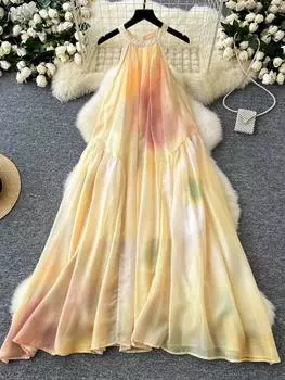 Летнее пляжное французское модное длинное платье для женщин с открытыми плечами и принтом, элегантное вечернее платье для женщин, наряды для отпуска, халаты, новинка 2024 г. S atomic tangerine