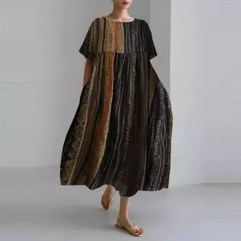 Летнее пляжное хлопковое льняное ретро платье больших размеров свободного покроя с цветочным принтом и длинными платьями с круглым вырезом и карманами для женщин One Size красный