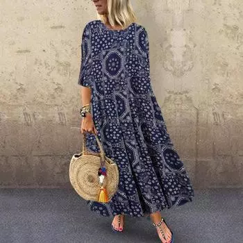 Летнее пляжное хлопковое льняное ретро платье больших размеров свободного покроя с цветочным принтом и длинными платьями с круглым вырезом и карманами для женщин One Size чёрный