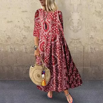 Летнее пляжное хлопковое льняное ретро платье больших размеров свободного покроя с цветочным принтом и длинными платьями с круглым вырезом и карманами для женщин One Size чёрный