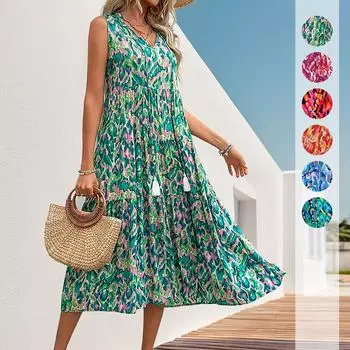 Летнее пляжное платье без рукавов с V-образным вырезом и принтом кисточек, женское модное элегантное повседневное свободное женское платье, винтажное облегающее женское платье 26646 S зелёный