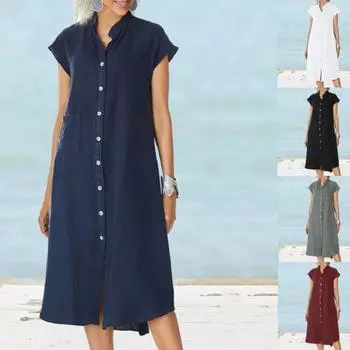 Летнее пляжное платье больших размеров с воротником-стойкой, застегивающимся на пуговицы, коротким рукавом, свободное платье миди, повседневные женские платья с карманом S белый