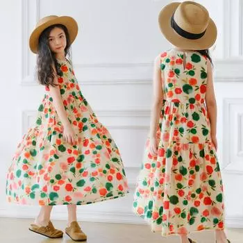 Летнее пляжное платье для девочек: Стильная корейская жилетка длинная юбка для детей 165cm цветочный