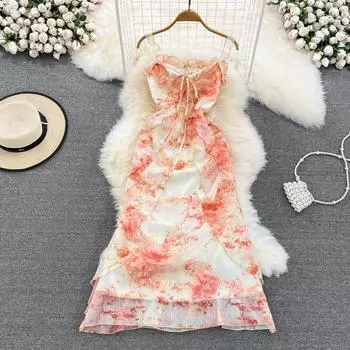 Летнее пляжное платье для отдыха на берегу моря, женское платье на подтяжках с цветочным принтом и краем грибка