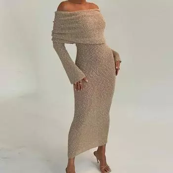 Летнее пляжное платье для отдыха, сексуальное, женское, с длинным рукавом, вырезом на одну горловину, облегающее, трикотажное, женское, с высокой талией, с открытыми плечами, повседневные платья, новинка 24806 S абрикосовый