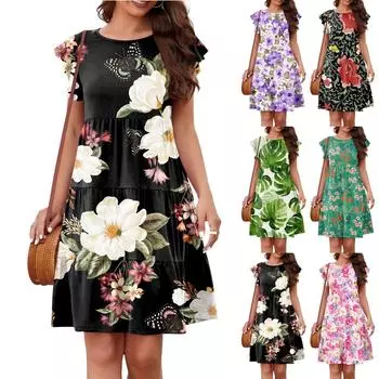 Летнее пляжное платье для женщин, повседневная туника с круглым вырезом, рюшами и короткими рукавами, многоуровневое платье трапециевидной формы в стиле Babydoll, струящееся платье XXL чёрный