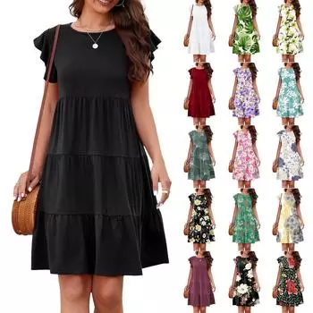 Летнее пляжное платье для женщин, повседневная туника с круглым вырезом, рюшами и короткими рукавами, многоуровневое платье трапециевидной формы в стиле Babydoll, струящееся платье M фиолетовый